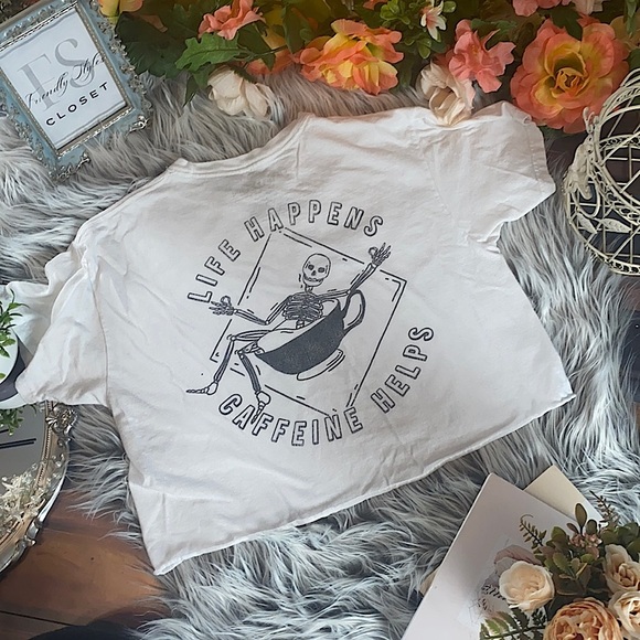 Fifth Sun Tops - Life Happens Caffeine Helps Skeleton Crop Graphic Tee Shirt, XS